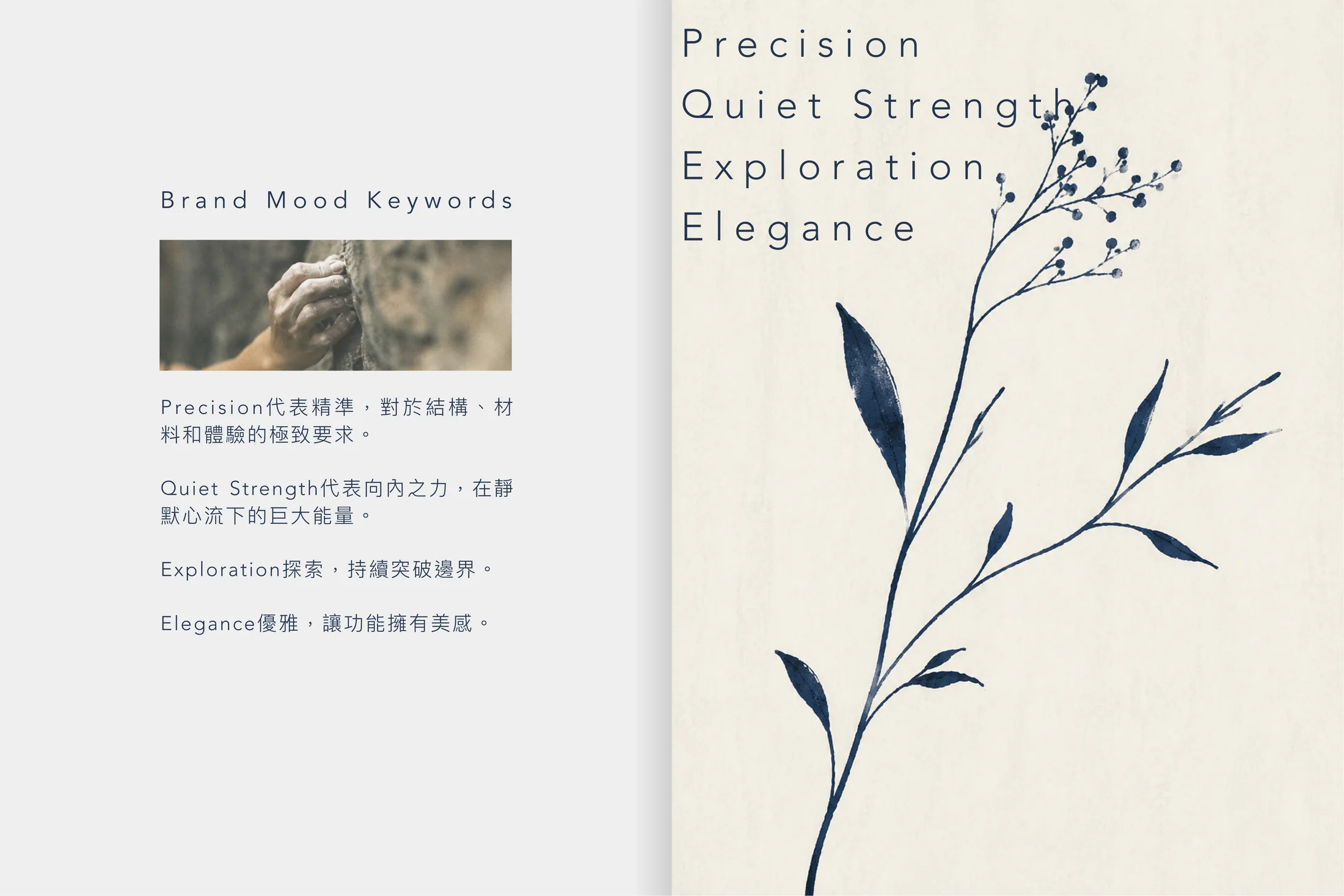 攀岩手部與植物枝葉組成的品牌氣質關键詞書頁
