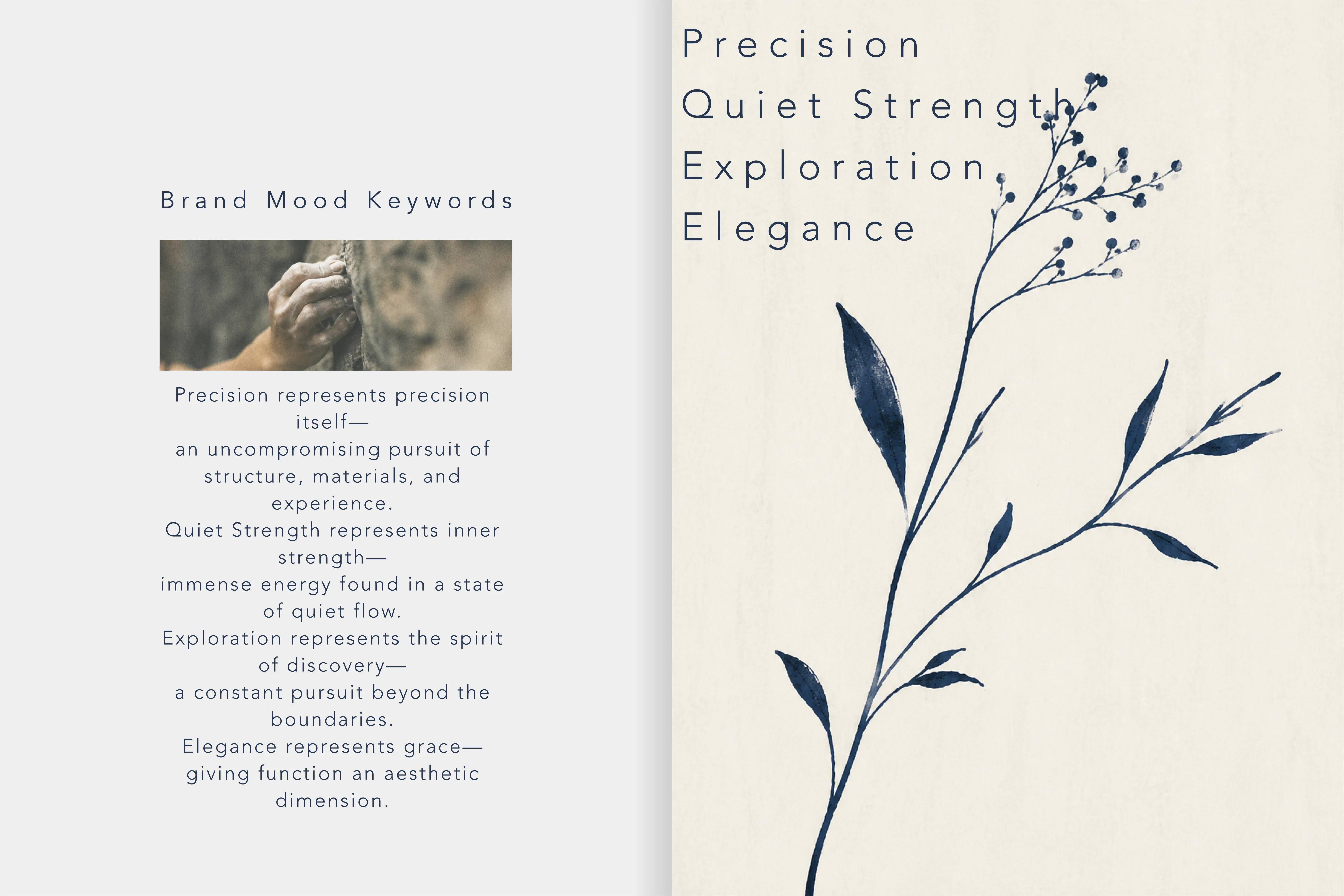 A brand-character spread composed of a climber’s hand and botanical branches
